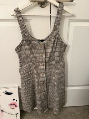 Zara Neutral Plaid Mini Dress in Beige and Black
